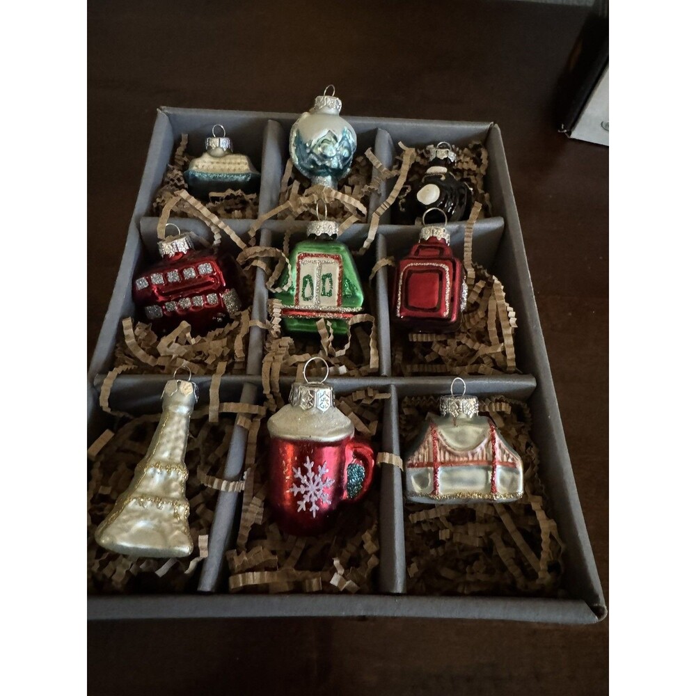POTTERY BARN "Bon Voyage" set of nine mini travel-themed ornaments cute EUC